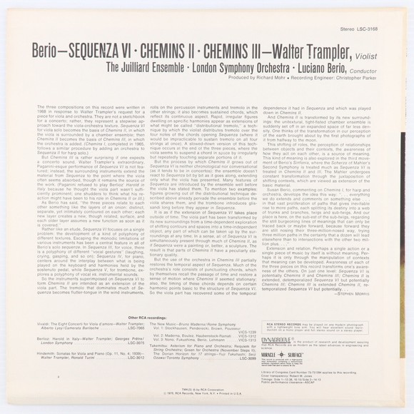 Berio, Walter Trampler, Sequenza VI/Chemins II/Chemins III 1970 LP Vinyl Record - Picture 2 of 10
